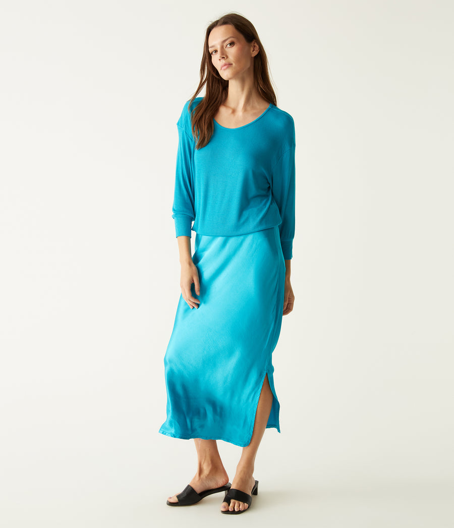 Nadia Mixed Fabric Satin Dress in Corsica Blue Side View #CORSICA