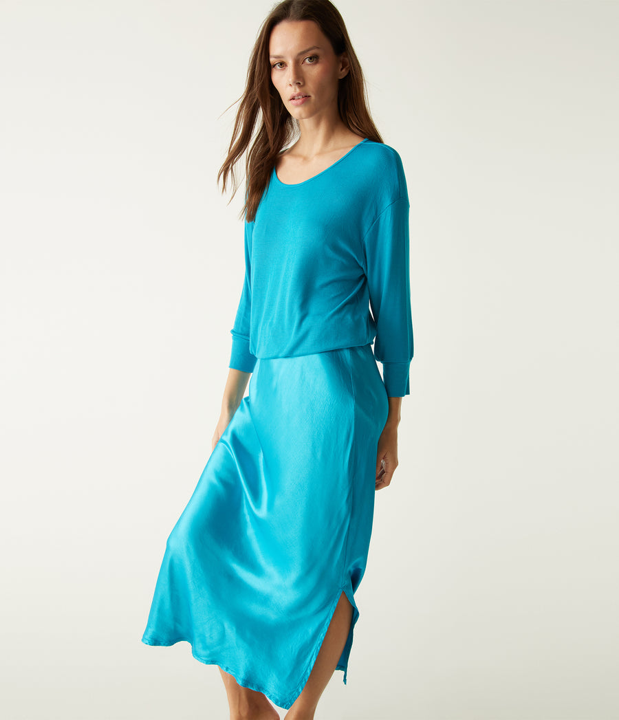 Nadia Mixed Fabric Satin Dress in Corsica Blue Close Up View #CORSICA