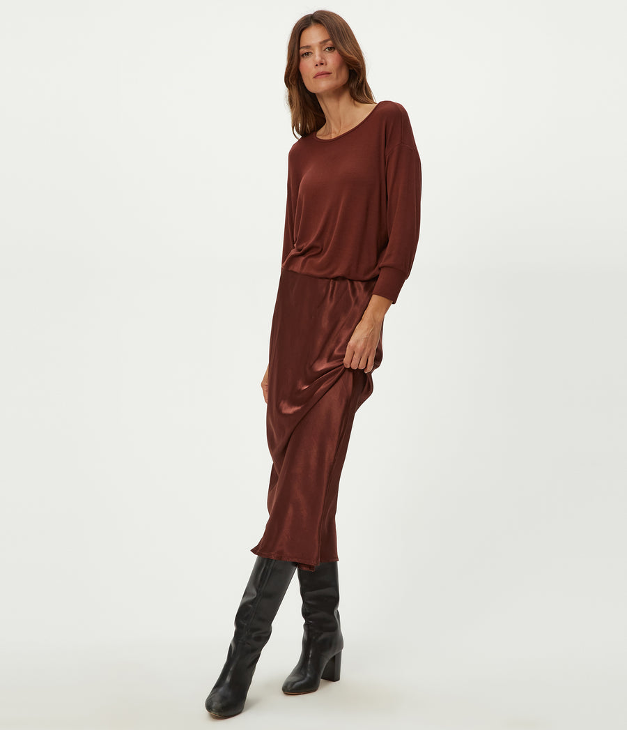 Nadia Mixed Fabric Satin Dress in ESPRESSO Brown Close Up View #ESPRESSO