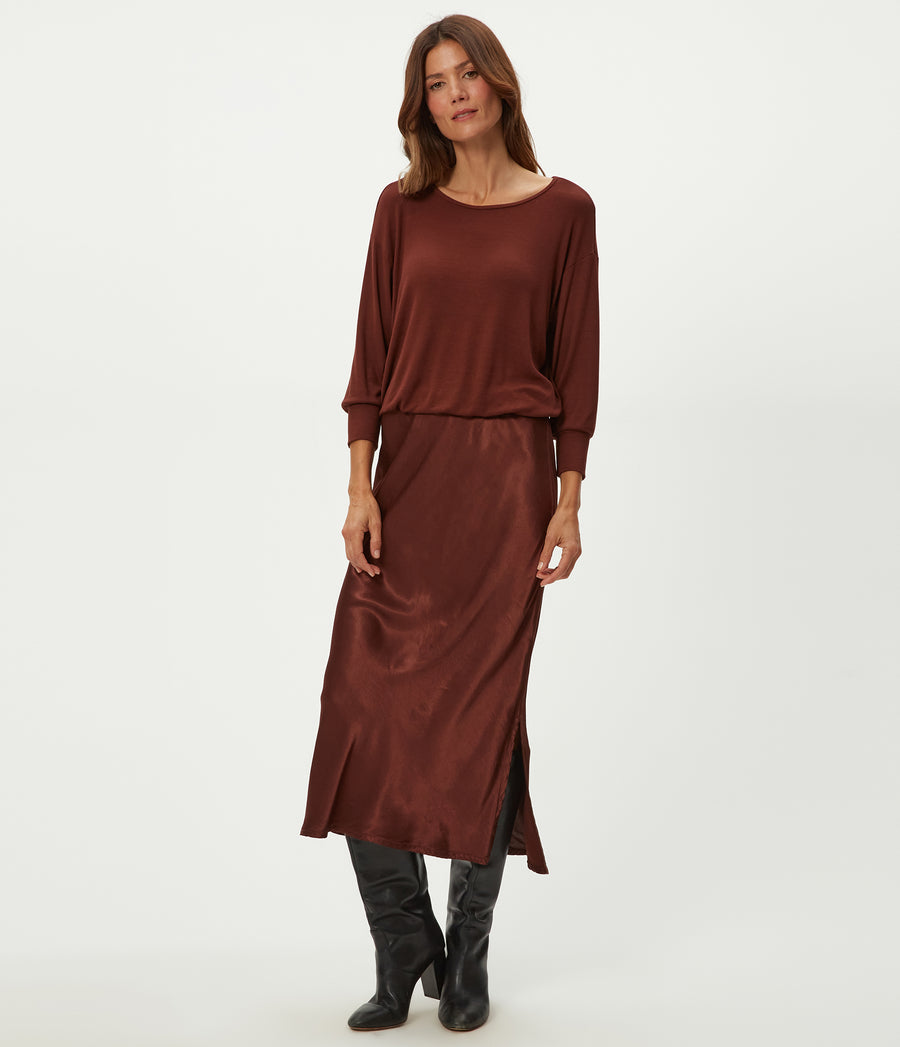 Nadia Mixed Fabric Satin Dress in ESPRESSO Brown Full Body View #ESPRESSO