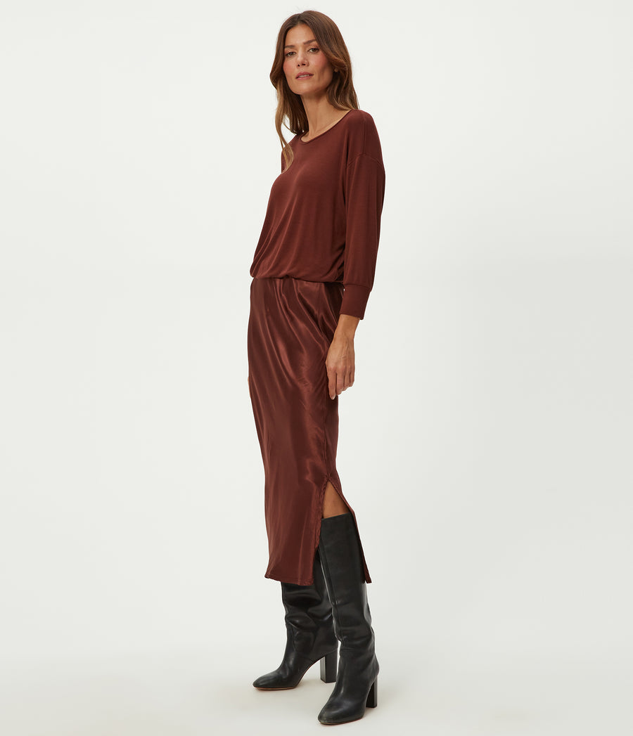Nadia Mixed Fabric Satin Dress in ESPRESSO Brown Side View #ESPRESSO
