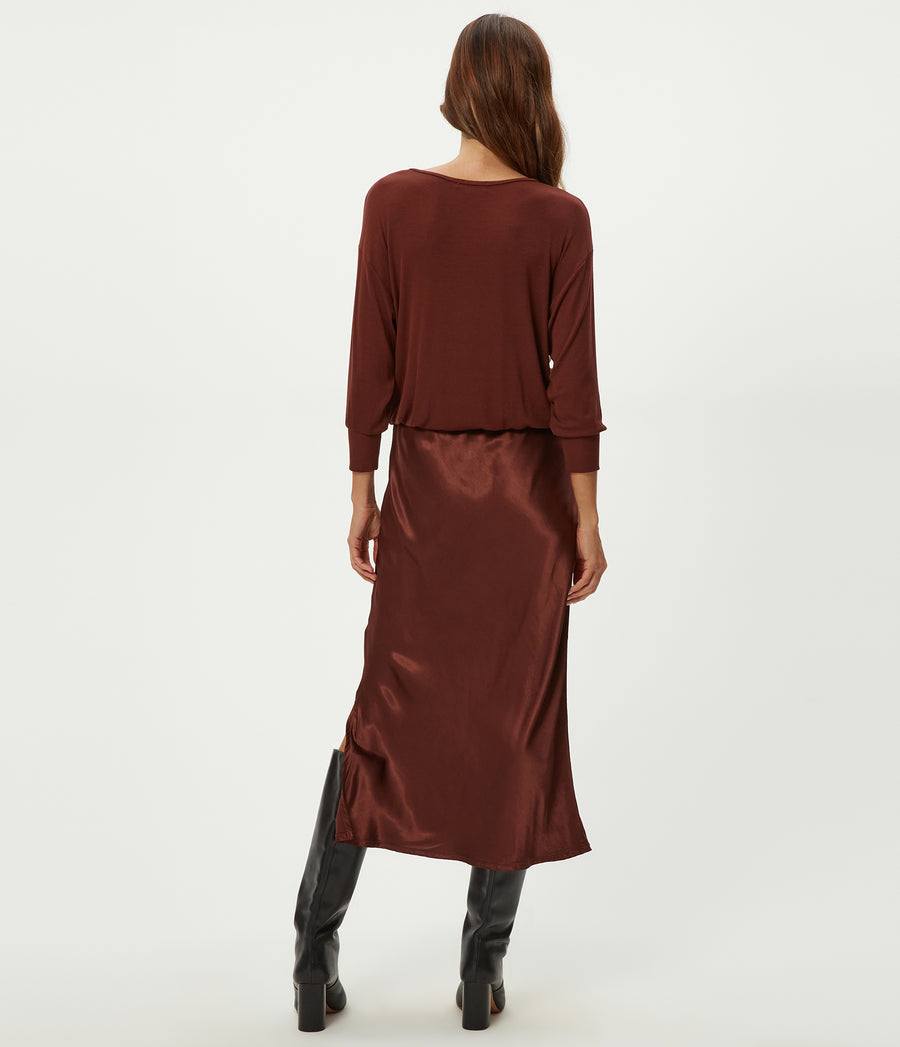 Nadia Mixed Fabric Satin Dress in ESPRESSO Brown Back View #ESPRESSO