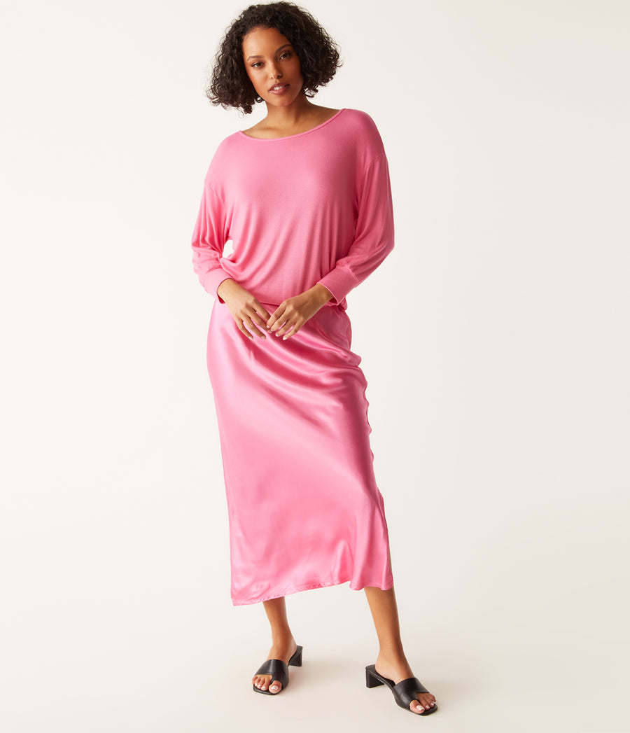 Nadia Mixed Fabric Satin Dress in Flamingo Pink Full Body View #FLAMINGO