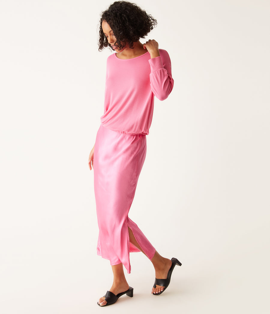 Nadia Mixed Fabric Satin Dress in Flamingo Pink Side View #FLAMINGO
