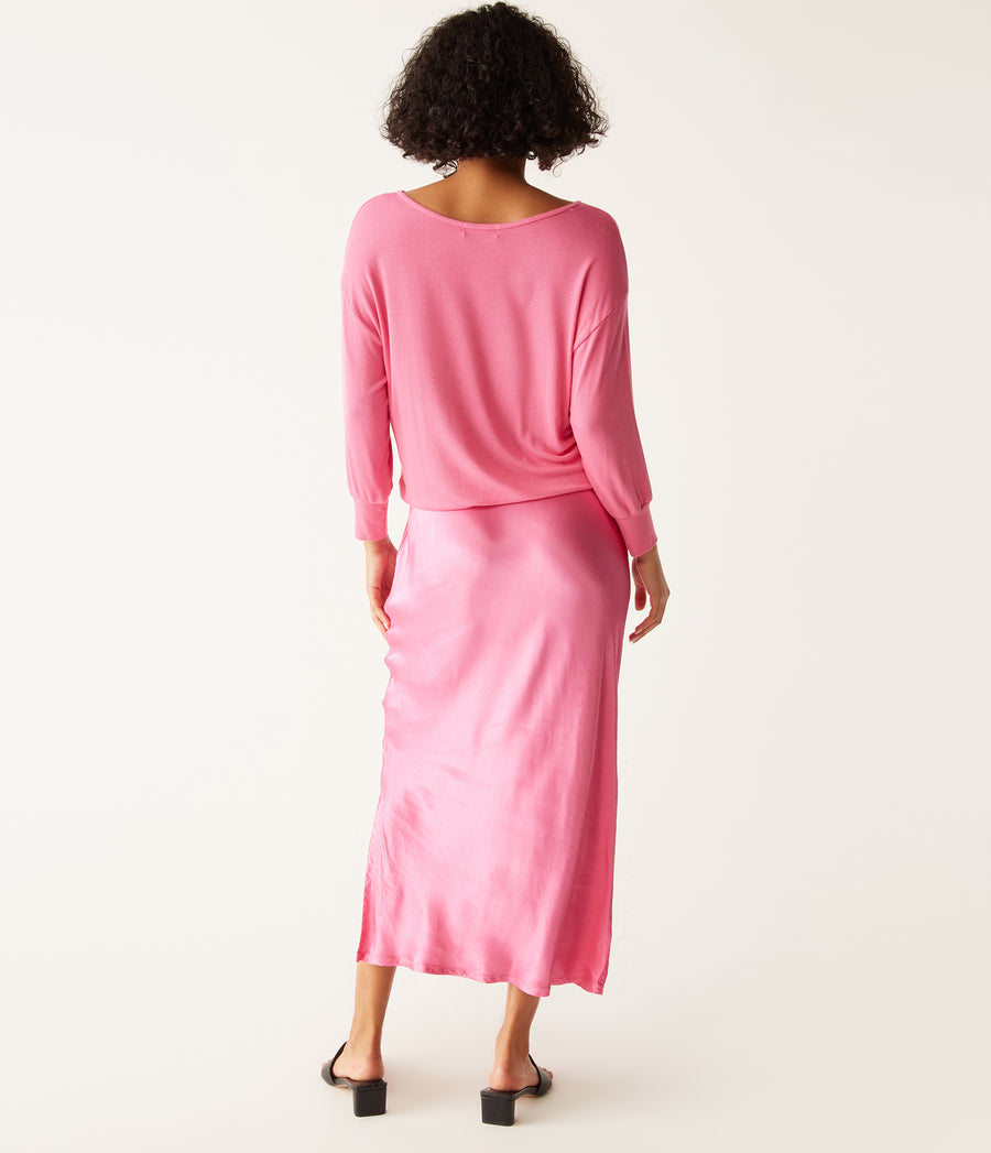 Nadia Mixed Fabric Satin Dress in Flamingo Pink Back View #FLAMINGO