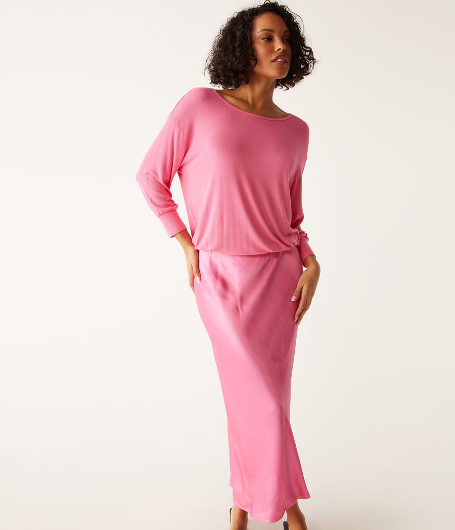 Nadia Mixed Fabric Satin Dress in Flamingo Pink Close Up View #FLAMINGO