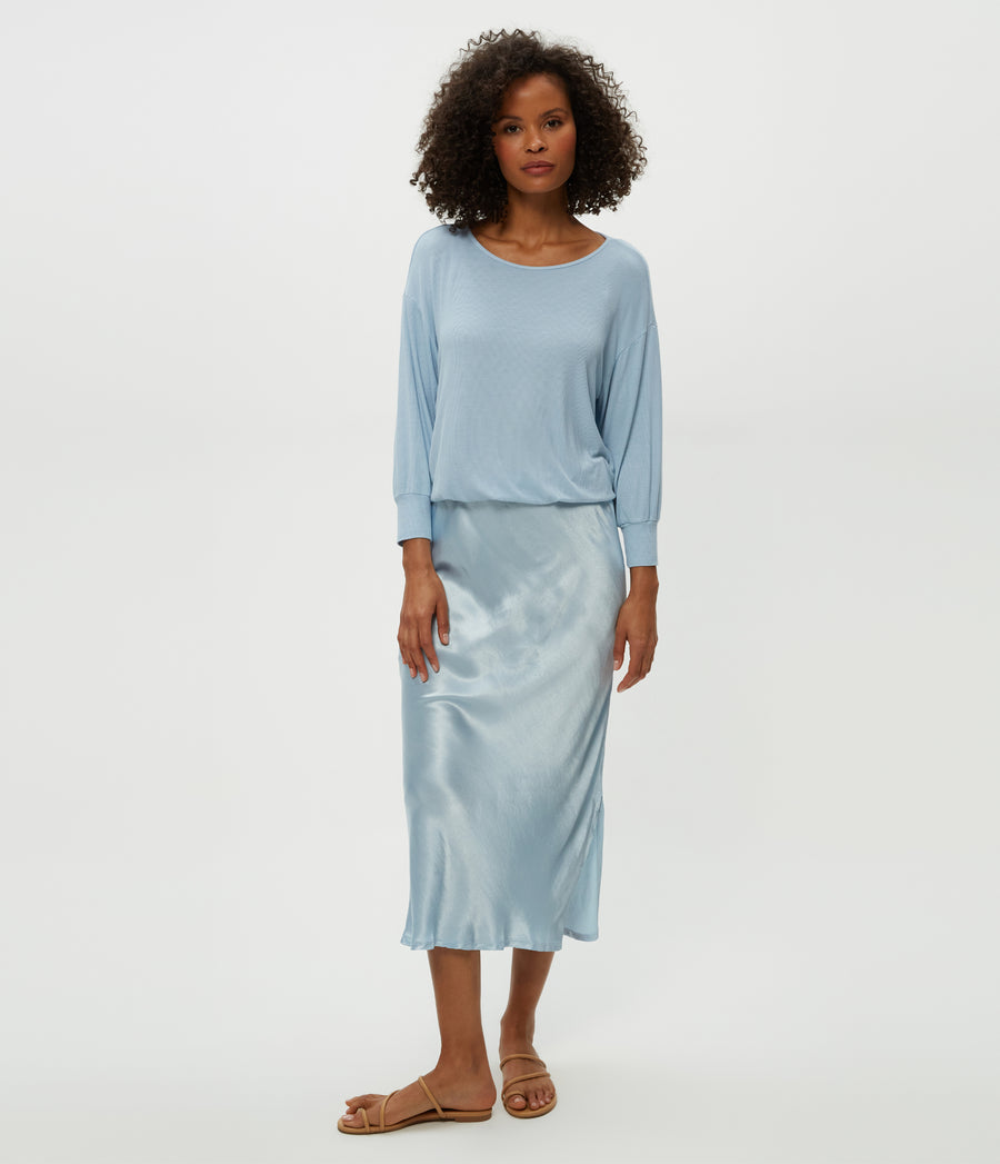 Nadia Mixed Fabric Satin Dress in Fountain Blue Full Body View #FOUNTAIN