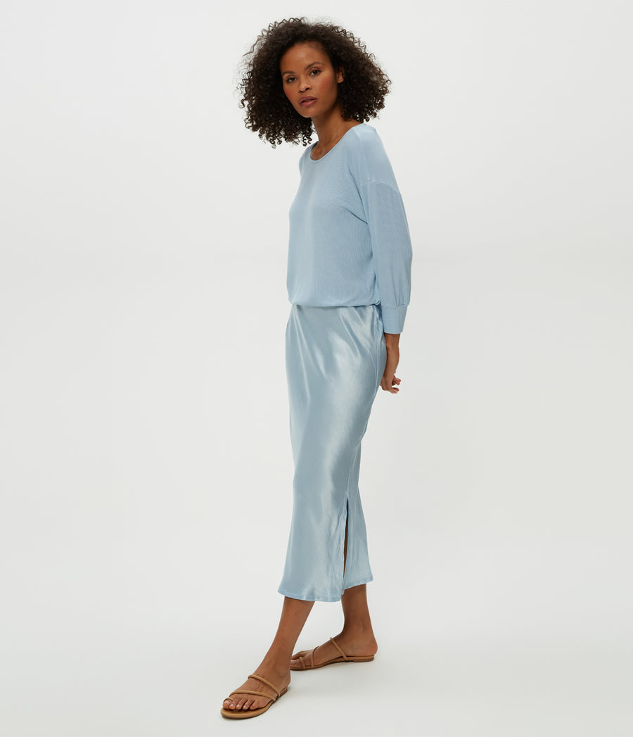 Nadia Mixed Fabric Satin Dress in Fountain Blue Side View #FOUNTAIN