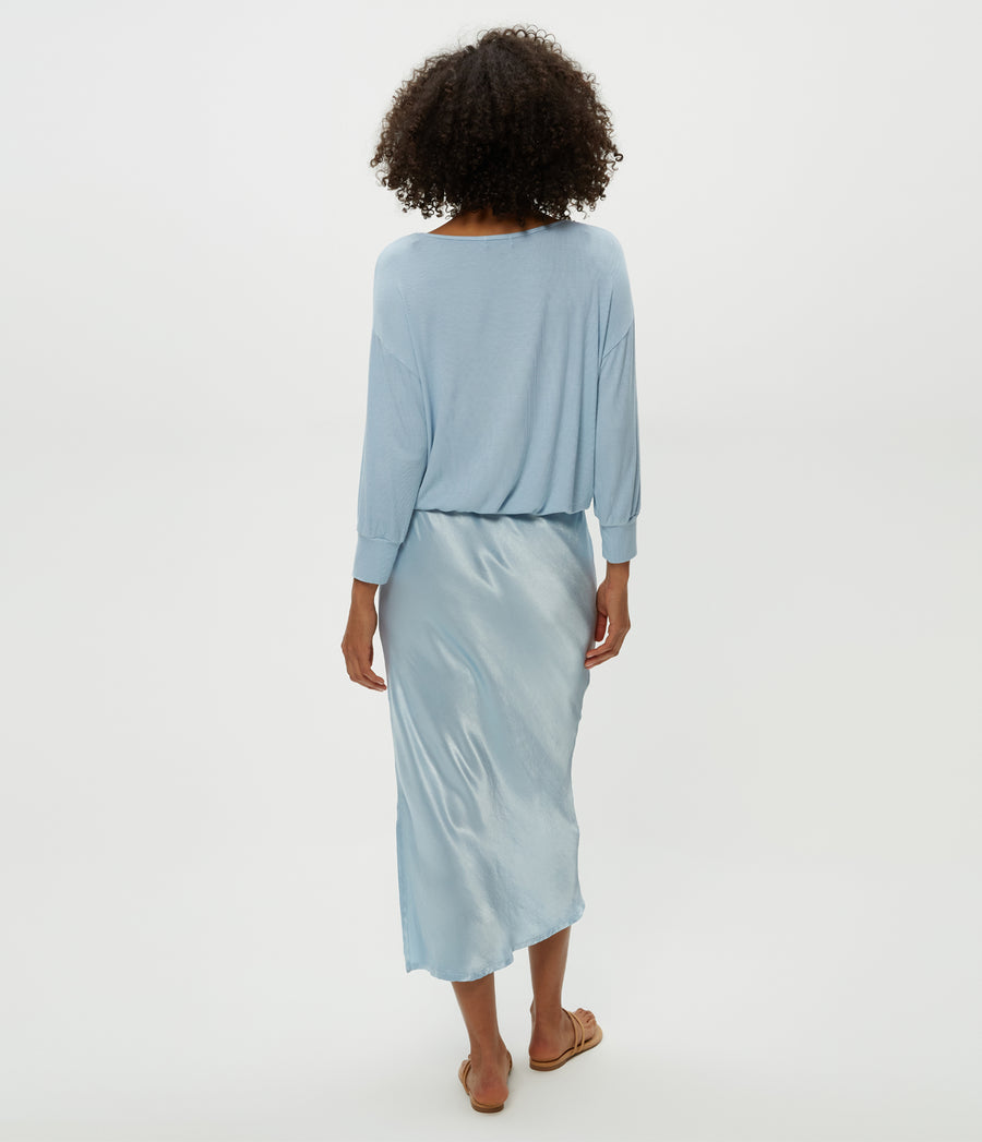 Nadia Mixed Fabric Satin Dress in Fountain Blue Back View #FOUNTAIN