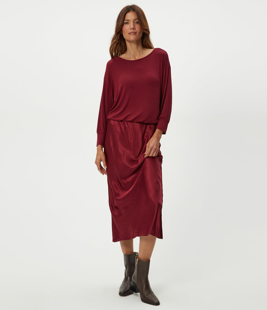 Nadia Mixed Fabric Satin Dress in Garnet Red Close Up View #GARNET