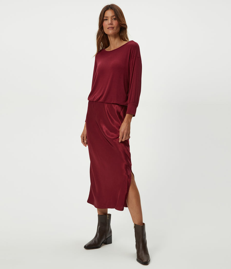 Nadia Mixed Fabric Satin Dress in Garnet Red Side View #GARNET