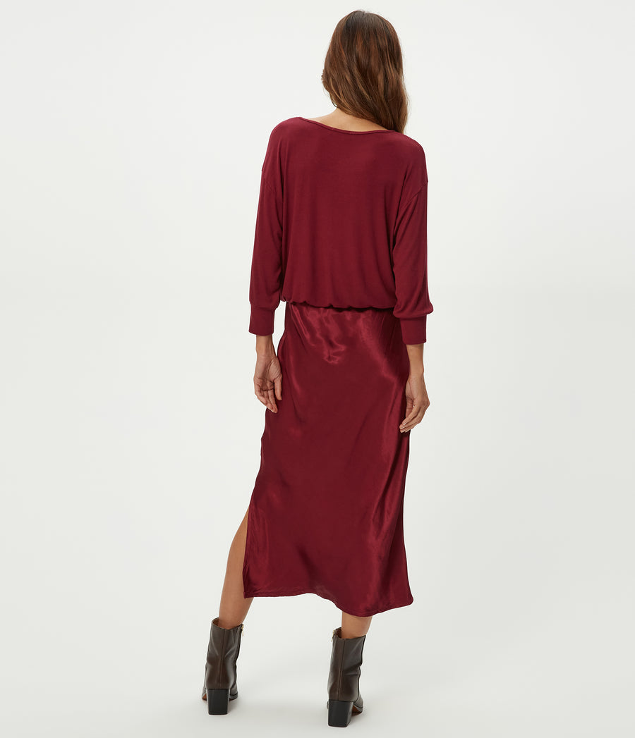 Nadia Mixed Fabric Satin Dress in Garnet Red Back View #GARNET