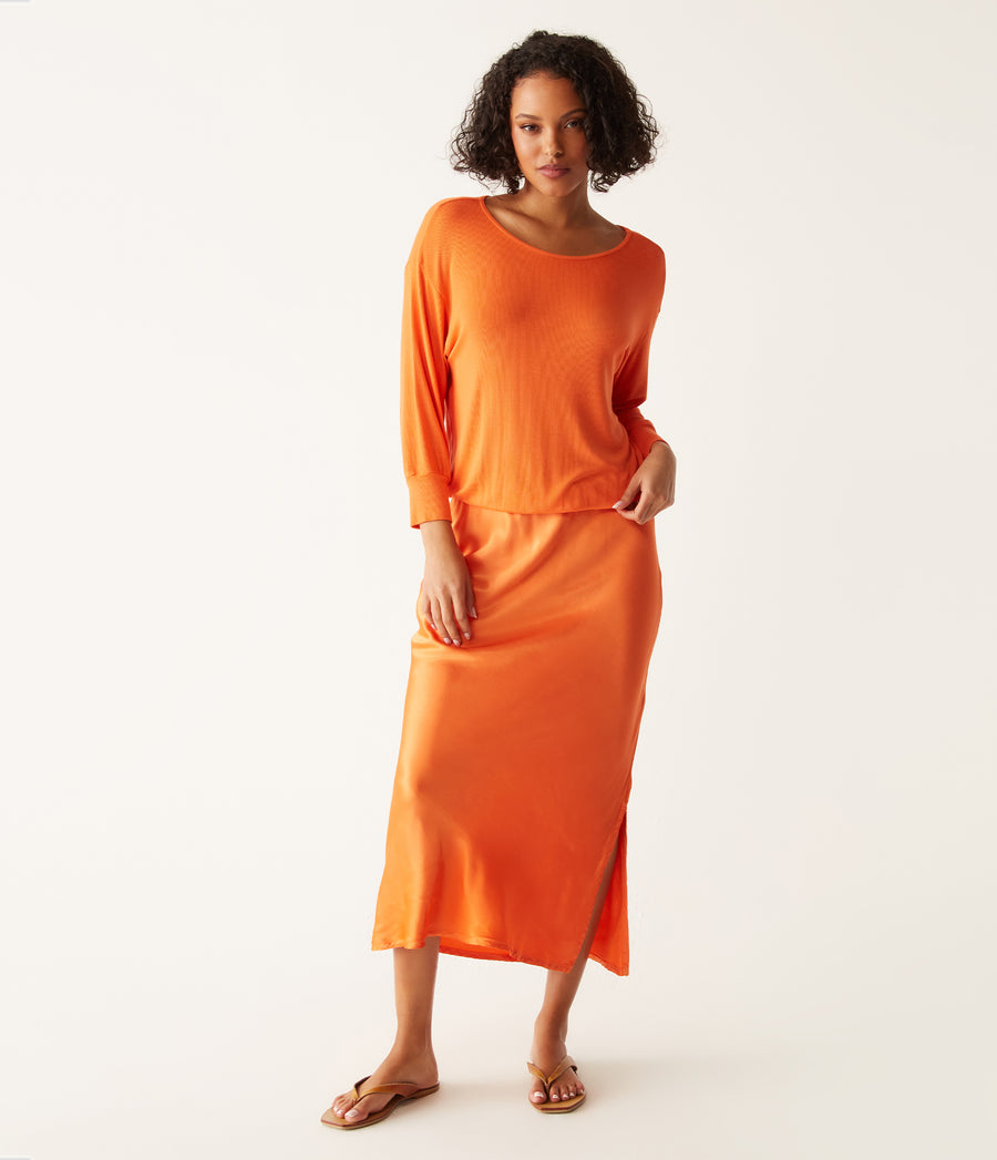 Nadia Mixed Fabric Satin Dress in Heatwave Orange Full Body View #HEATWAVE