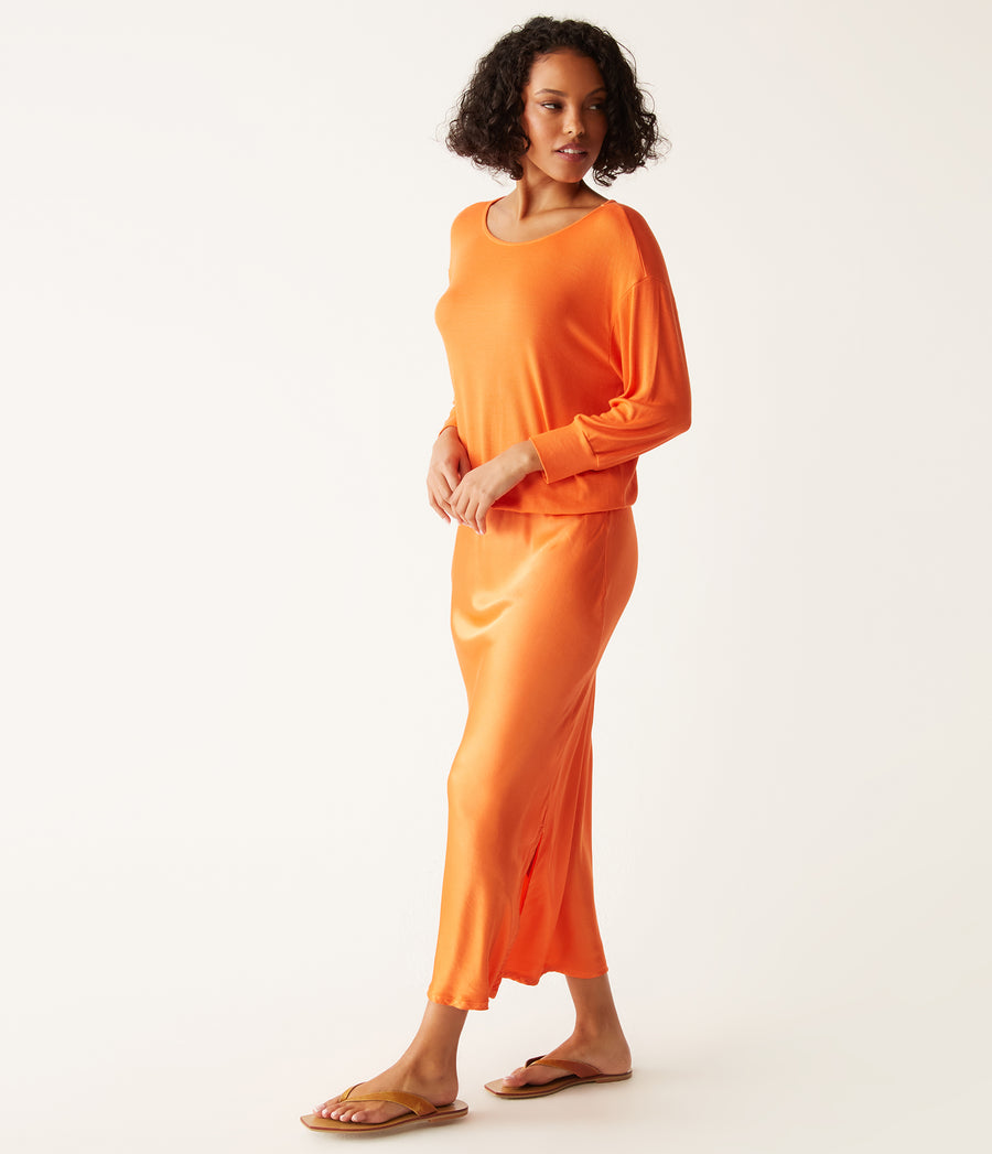 Nadia Mixed Fabric Satin Dress in Heatwave Orange Side View #HEATWAVE
