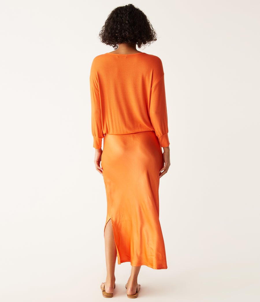 Nadia Mixed Fabric Satin Dress in Heatwave Orange Back View #HEATWAVE