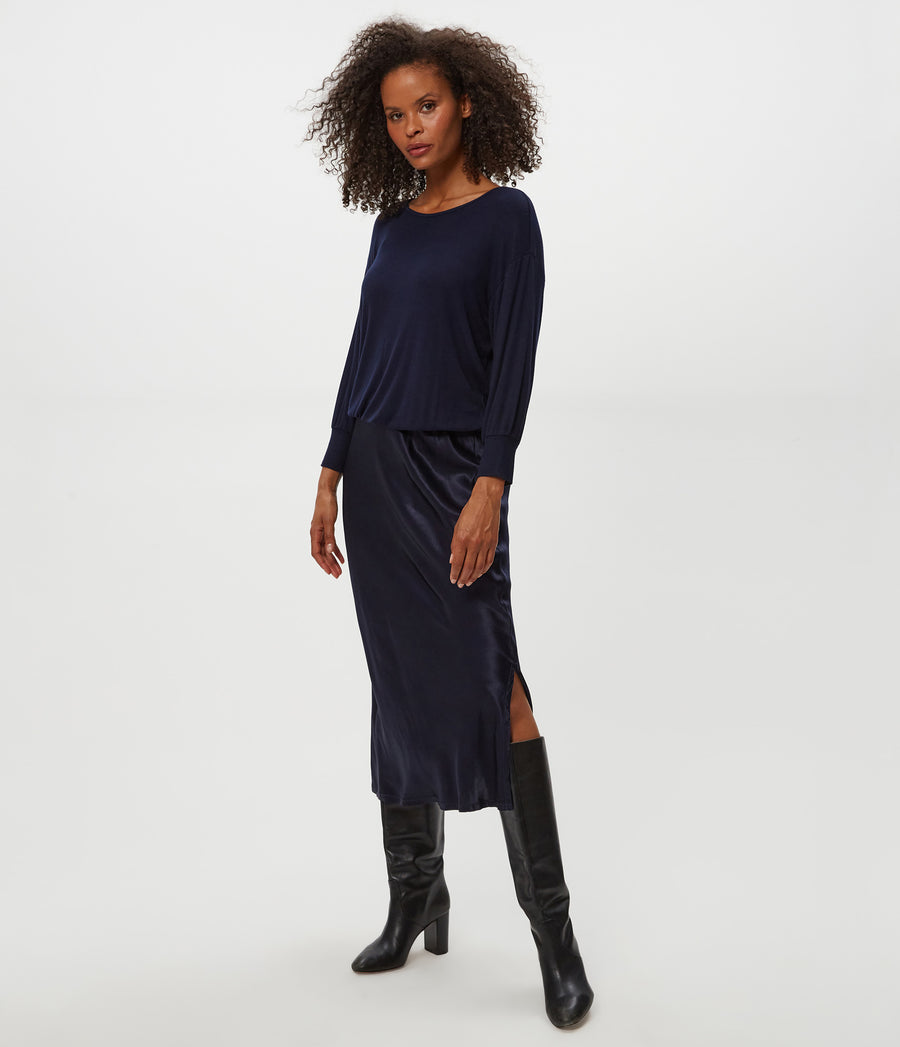 Nadia Mixed Fabric Satin Dress in Nocturnal Blue Side View #NOCTURNAL