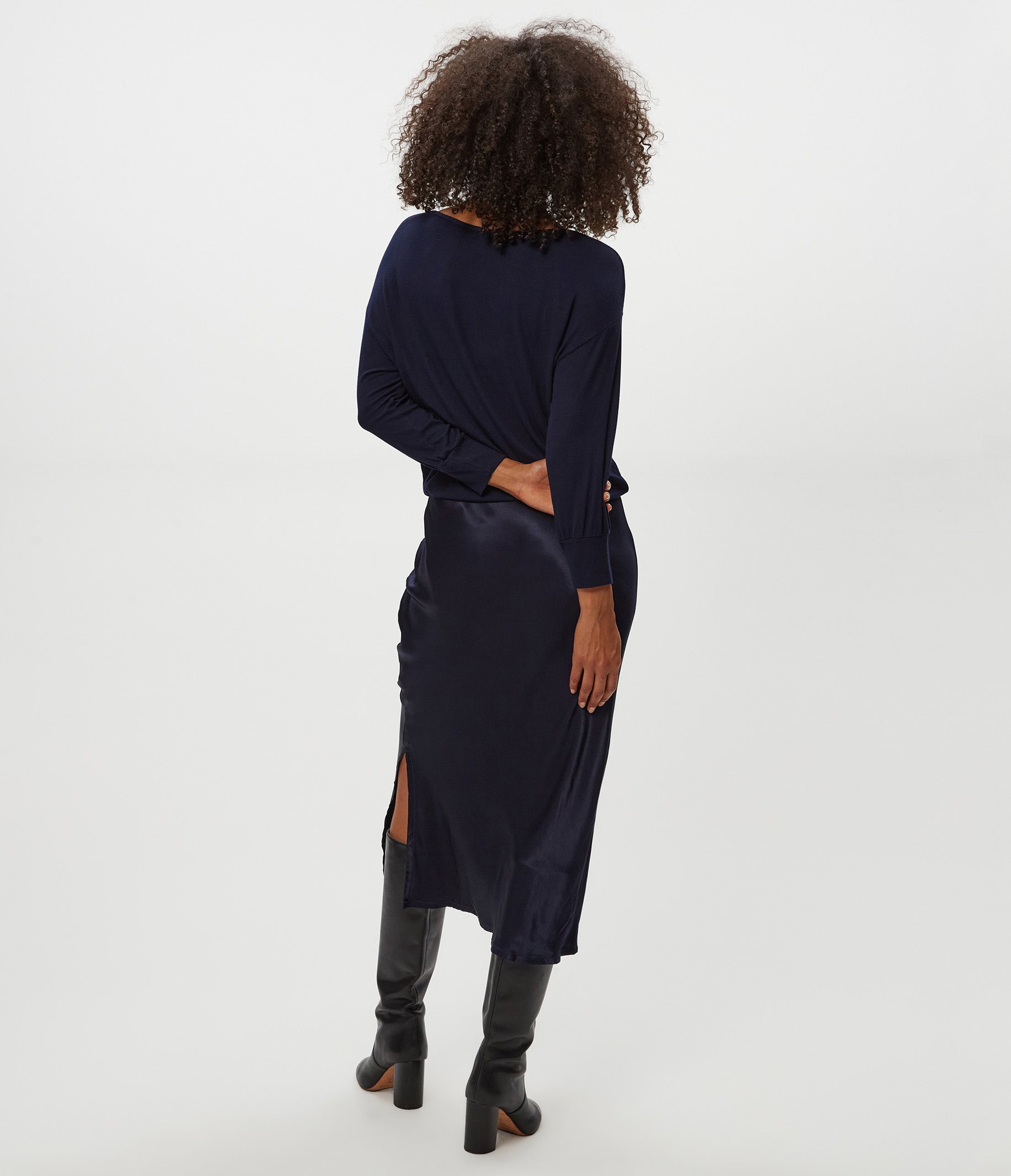 knee length dresses for ladies Nadia Mixed Fabric Satin Dress