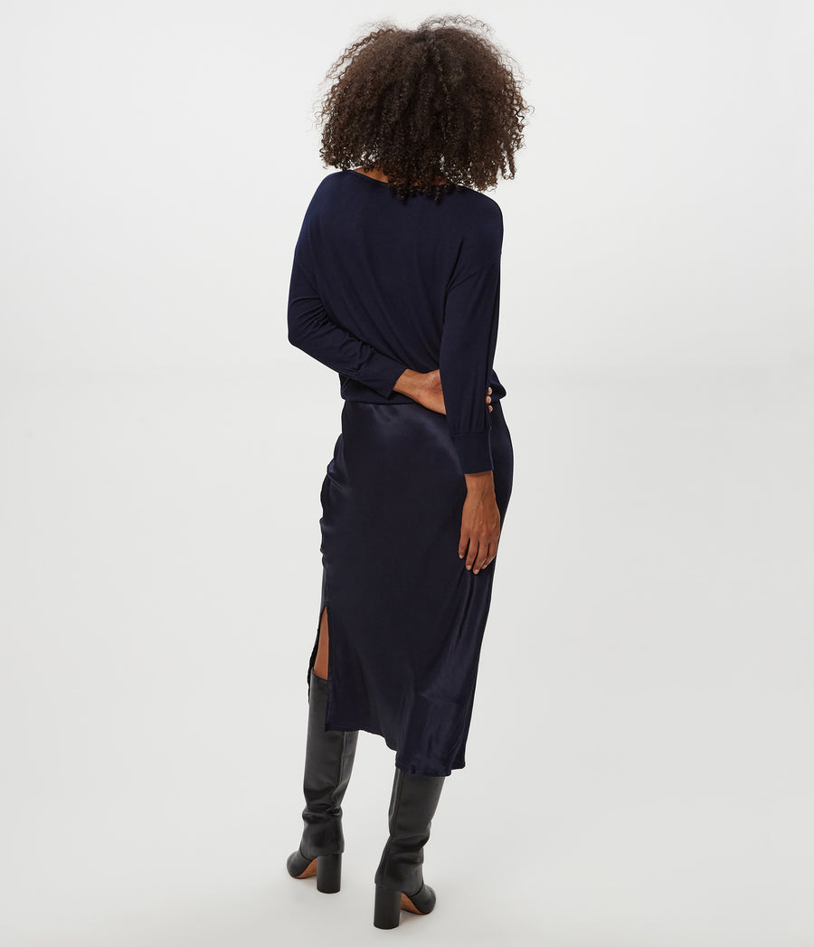 Nadia Mixed Fabric Satin Dress in Nocturnal Blue Back View #NOCTURNAL