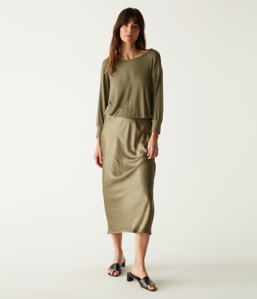 Nadia Mixed Fabric Satin Dress in Olive Green Full Body View #OLIVE