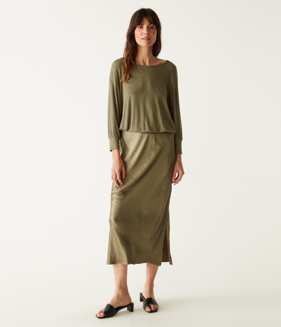 Nadia Mixed Fabric Satin Dress in Olive Green Front View #OLIVE