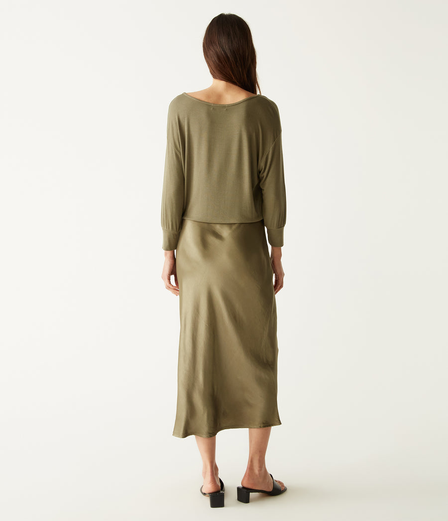 Nadia Mixed Fabric Satin Dress in Olive Green Back View #OLIVE