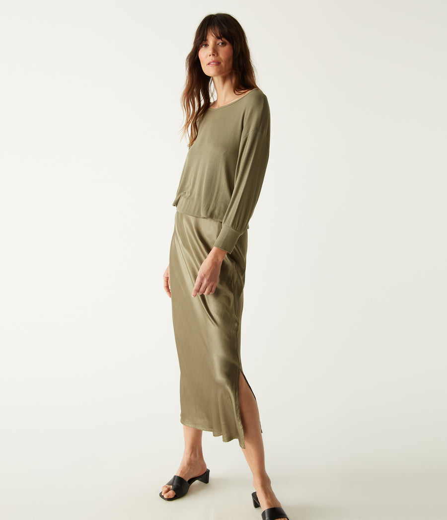Nadia Mixed Fabric Satin Dress in Olive Green Side View #OLIVE
