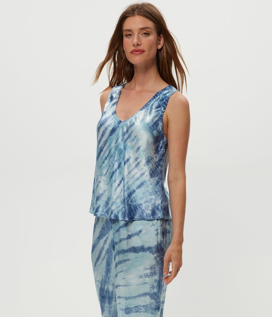 Liz Satin Double Dye Tank in LIGHT BLUE COMBO Close up View #LIGHT BLUE COMBO