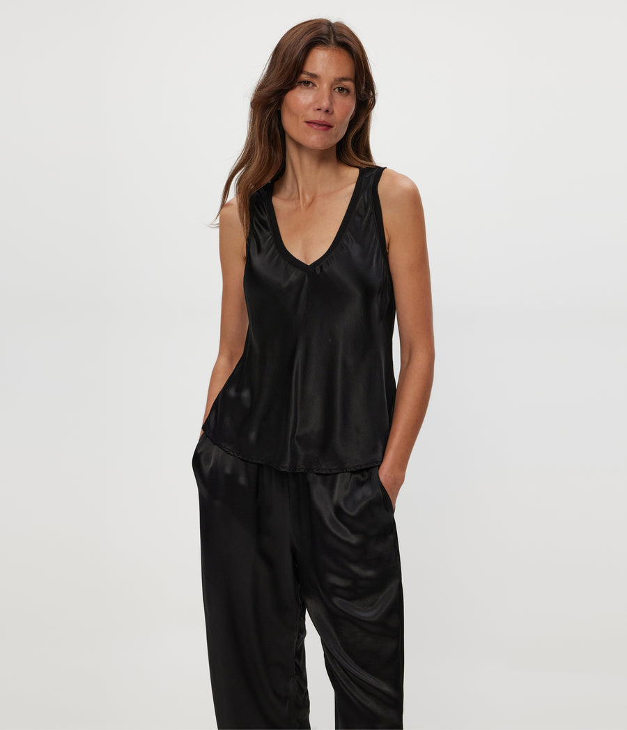 LIZ V NECK TANK in Black  Close Up View #BLACK