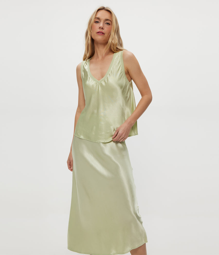 LIZ V NECK TANK in CELERY GREEN Close Up View #CELERY