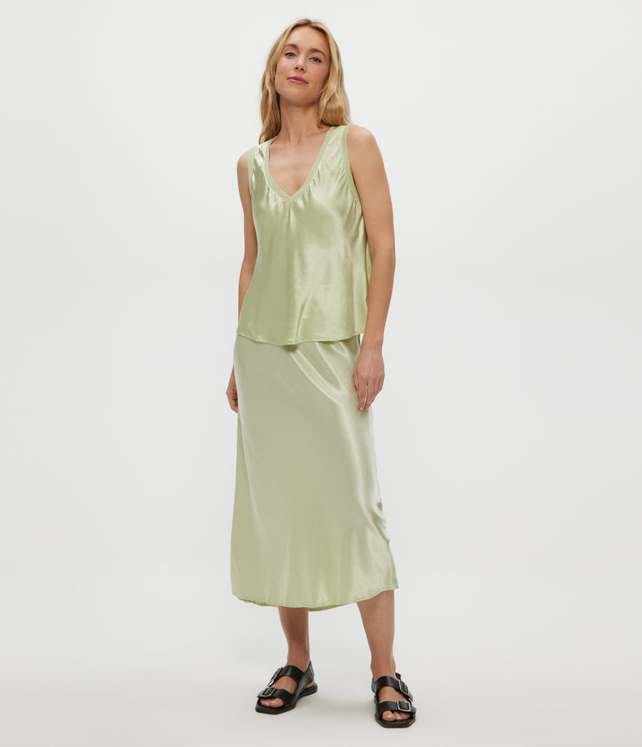 LIZ V NECK TANK in CELERY GREEN Full Body View #CELERY