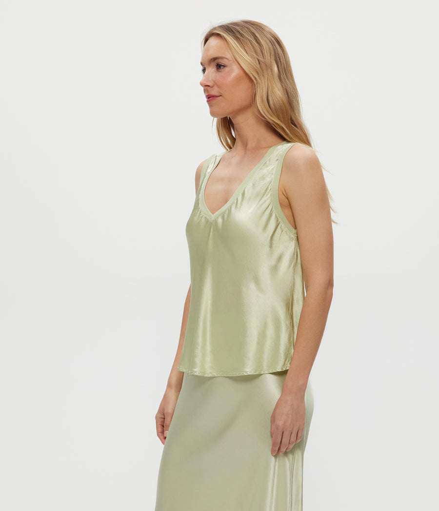 LIZ V NECK TANK in CELERY GREEN Side View #CELERY