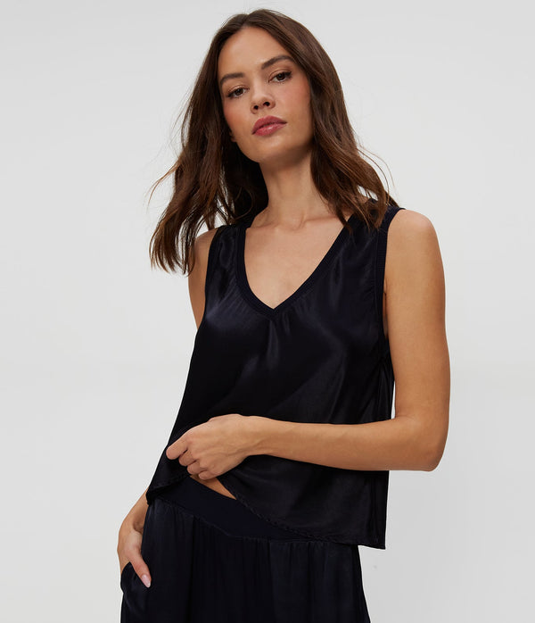 Liz Satin V-Neck Tank in Nocturnal Blue Close Up View #NOCTURNAL