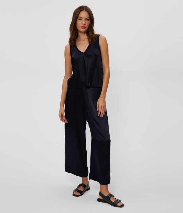 Liz Satin V-Neck Tank in Nocturnal Blue Full Body View #NOCTURNAL