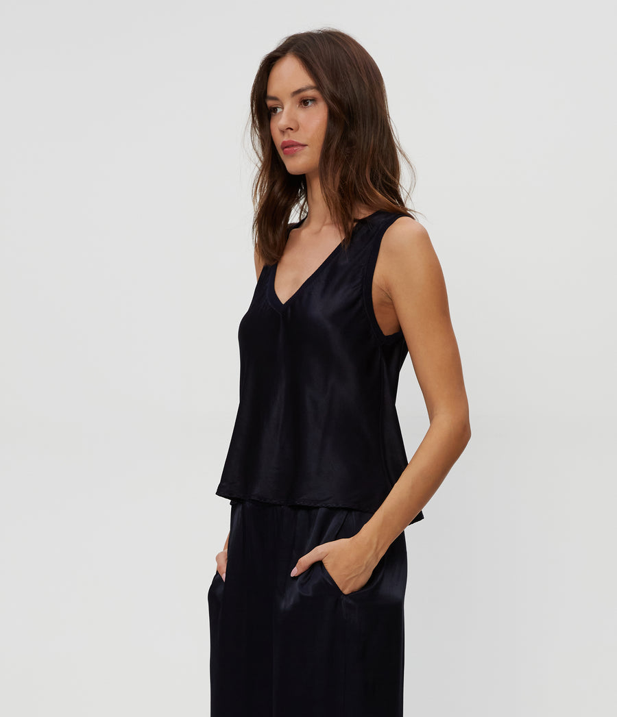 Liz Satin V-Neck Tank in Nocturnal Blue Side View #NOCTURNAL