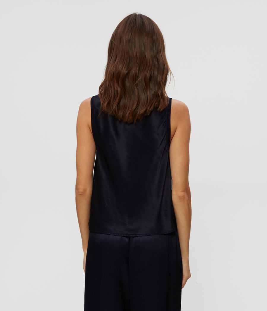 Liz Satin V-Neck Tank in Nocturnal Blue Back View #NOCTURNAL