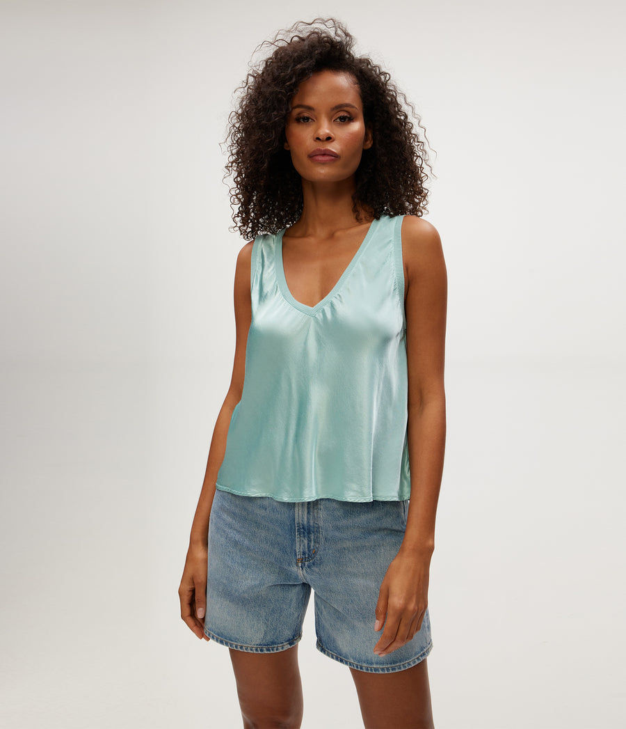 Liz Satin V-Neck Tank in SERENE BLUE Close Up View #SERENE