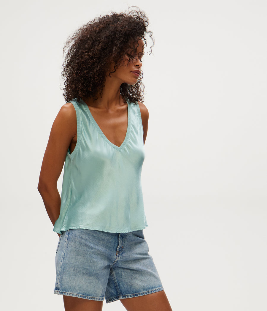 Liz Satin V-Neck Tank in SERENE BLUE Side View #SERENE