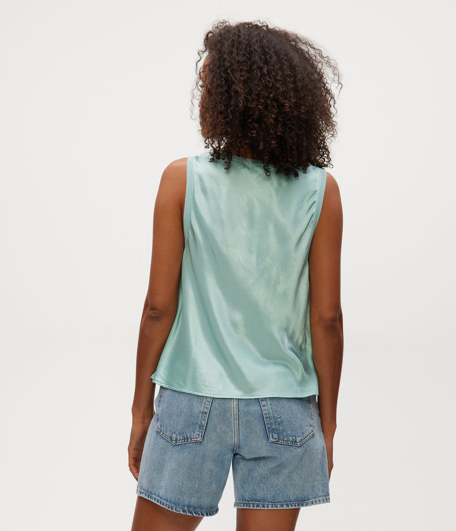 Liz Satin V-Neck Tank in SERENE BLUE Back View #SERENE