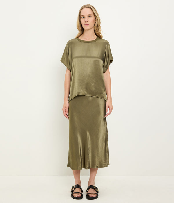 Flow Satin Tee in CAPER Green Full Body View #CAPER