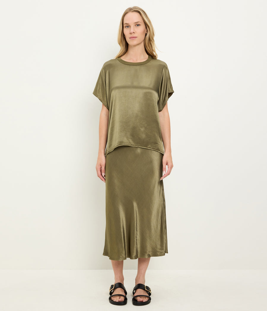 Flow Satin Tee in CAPER Green Full Body View #CAPER