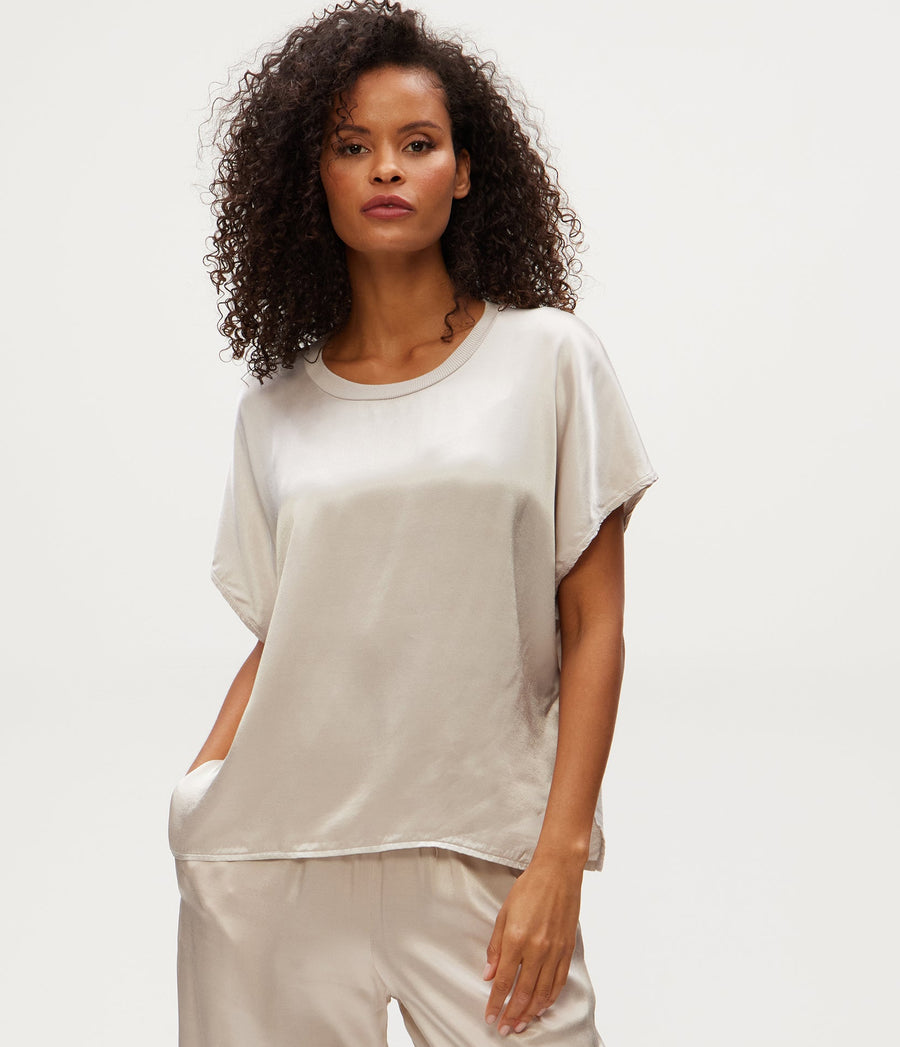 Flow Satin Tee in Cement Grey Full Body View #CEMENT