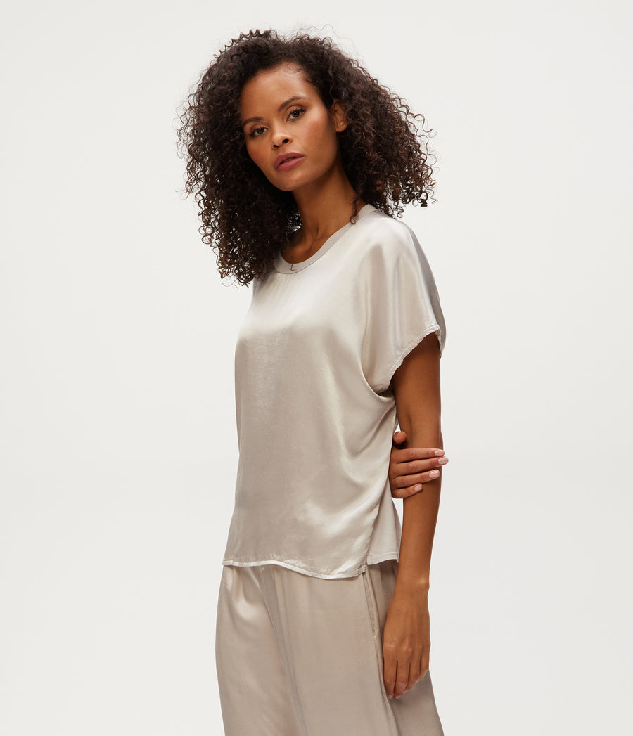 Flow Satin Tee in Cement Grey Side View #CEMENT