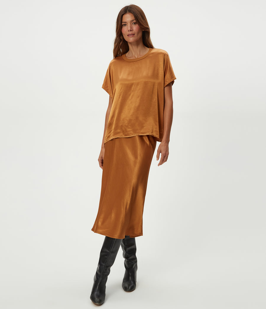 Flow Satin Tee in Cumin Brown Full Body View #CUMIN