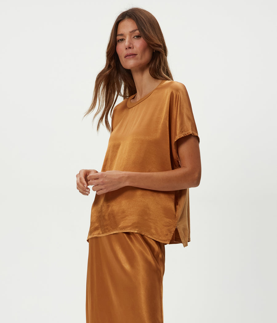 Flow Satin Tee in Cumin Brown Close Up View #CUMIN