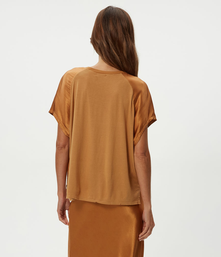 Flow Satin Tee in Cumin Brown Back View #CUMIN