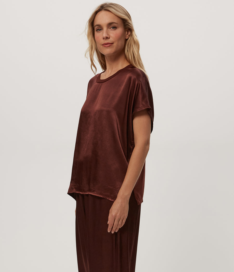 Flow Satin Tee in ESPRESSO Brown Full Body View #ESPRESSO