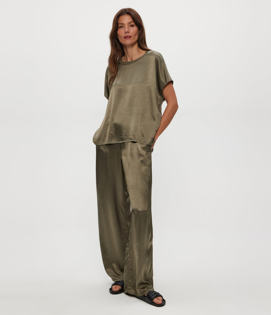FLOW TEE in Olive Green Full Body View #OLIVE