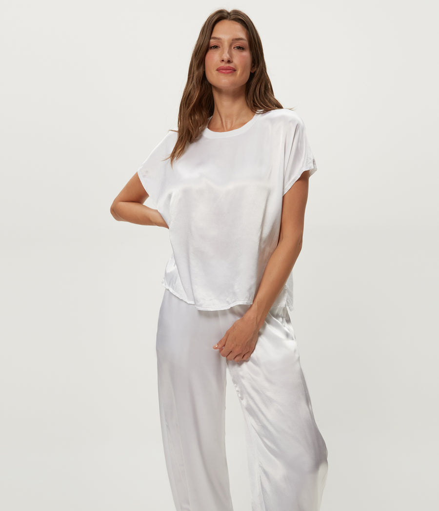 Flow Satin Tee in White Close up View #WHITE