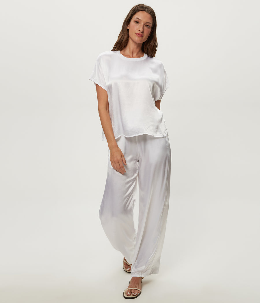 Flow Satin Tee in White Full Body View #WHITE
