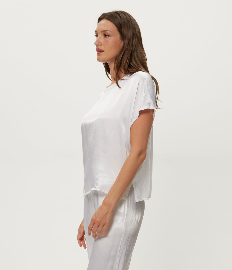 Flow Satin Tee in White Side View #WHITE